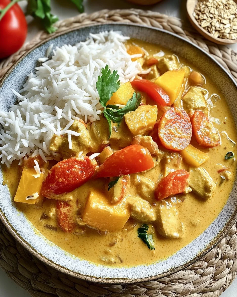 Hähnchen Curry mit Reis und Aprikosen / Mango