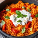 Paprika-Reis-Pfanne mit Joghurtsoße - schnell & vegetarisch